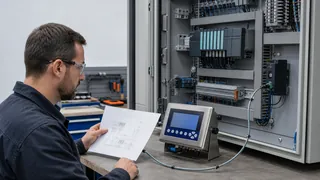 مهندس تحكم يراجع مؤشر وزن واتصال PLC RS-485